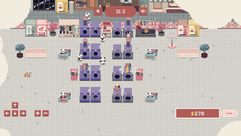 A large laundry setup in Bao Bao's Cozy Laundromat with purple washers and dryers, several pandas working on the laundry, and a couple of cats walking around.