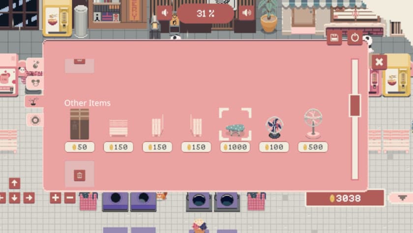 The items menu in Bao Bao's Cozy Laundromat has lots of options.