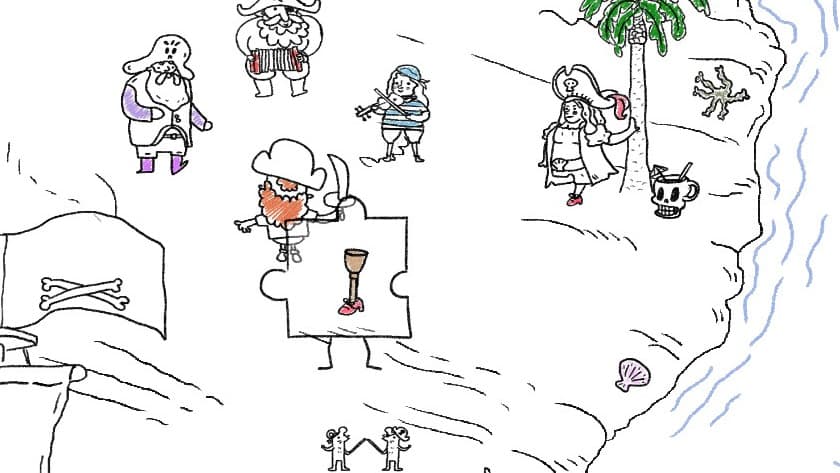 A puzzle piece holds a peg leg while a pirate with one leg stands nearby in Bubumbu.