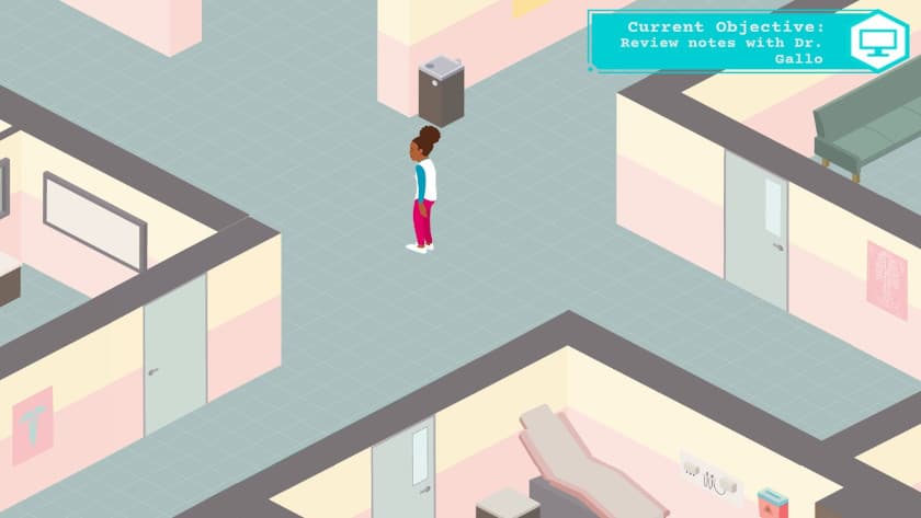 The main character in Caduceus Quest walking through the halls of the hospital.