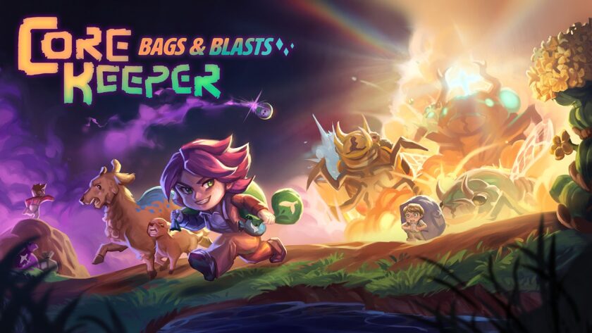 Illustrated promotional artwork for Core Keeper: Bags & Blasts. A red-haired adventurer with glowing green gauntlets runs forward with determination, while a variety of creatures, including goats and a small, frightened traveler carrying a sack, follow behind. In the background, a massive glowing explosion illuminates giant insect-like enemies, creating a dramatic contrast between the warm golden light and the cool purple storm clouds. The game's title is prominently displayed in a stylized, glowing font at the top. Published on: LadiesGamers.