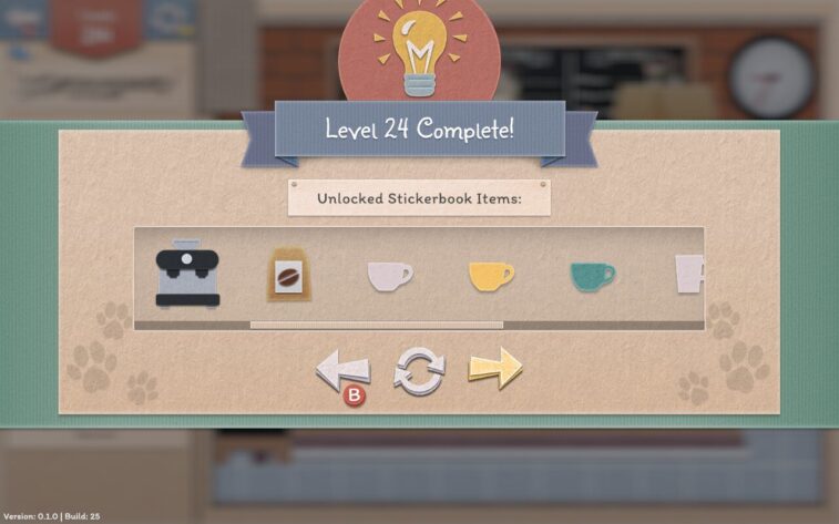 A level completion screen from Einstein's Cats, celebrating "Level 24 Complete!" in a paper-crafted style. The banner displays a lightbulb icon and a row of newly unlocked stickerbook items, including a coffee machine, a coffee bag, and various colorful mugs. Navigation buttons are placed below for moving between menus. Published on: LadiesGamers.