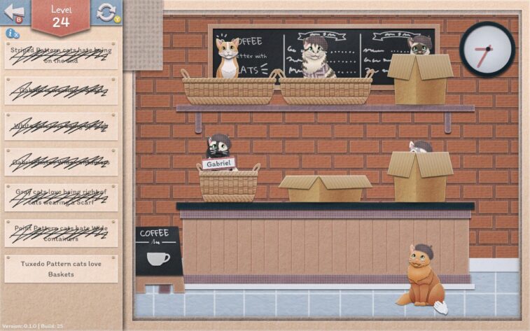 A cozy café puzzle scene from Einstein's Cats, Level 24. Multiple cats, some named like "Gabriel," sit in baskets and cardboard boxes on shelves and counters. The setting includes a brick wall, a chalkboard menu with cat-related doodles, and a clock. The left panel lists puzzle clues related to cat preferences for certain containers and positions. Published on: LadiesGamers.
