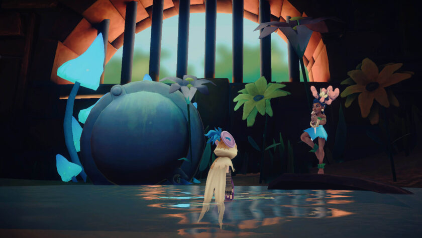 A scene from Elusive shows the protagonist Zoe, a small figure with a blue leafy headpiece and a donut-shaped mask, standing in shallow water. They face a character perched on a floating leaf, dressed in a blue skirt with pink hair styled in large puffs. The environment is filled with oversized flowers and glowing blue plants, with a large barred window casting light into the dark space. Published on: LadiesGamers.