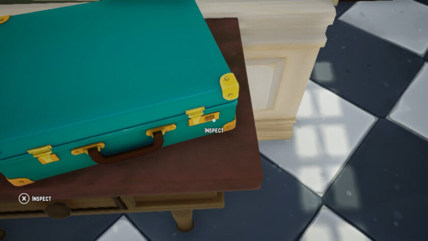 The locked blue briefcase, with the cursor over the lock and the word 'inspect'. Published on LadiesGamers
