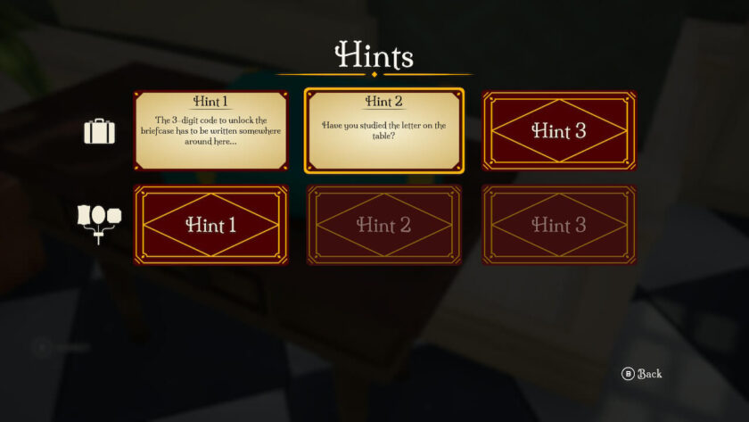 The hint menu. There are three hints next to a symbol representing the puzzle. The first hint next to the briefcase picture says “The 3-digit code to unlock the briefcase has to be written somewhere around here...”. The second clue reads “Have you studied the letter on the table?” Published on LadiesGamers