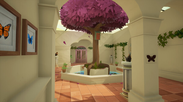 A beautifully designed courtyard in Escape from Mystwood Mansion, featuring a central tree with vibrant purple leaves growing from a circular planter. The courtyard is bathed in warm sunlight, with white archways and terracotta tiles creating a serene atmosphere. Framed butterfly illustrations adorn the walls, and a butterfly-shaped carving is visible on a pillar. A small fountain surrounds the tree, while green vines and potted plants add to the tranquil setting. Published on: LadiesGamers.