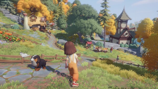 A young girl with brown hair, wearing an orange and white outfit, walks along a stone path in a picturesque village surrounded by lush greenery and autumn-colored trees in Everdream Valley. A small Bernese Mountain Dog puppy follows her, carrying a letter in its mouth. In the background, there are cozy wooden houses, a market stall, and villagers going about their day. The scene is bathed in warm sunlight, enhancing the tranquil, storybook-like atmosphere. Published on: LadiesGamers.