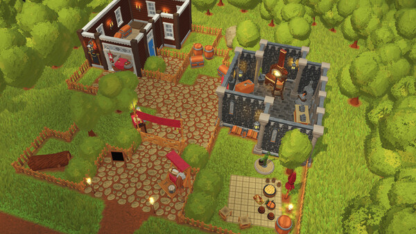 An isometric view of a village scene in Faire Trade, featuring two main buildings surrounded by lush green trees and grass. The left building has wooden walls and a red roof, with cozy interior rooms visible. The right building resembles a medieval blacksmith’s forge with stone walls, an anvil, and glowing furnace. A cobblestone path connects both buildings, with market stalls, barrels, and crates scattered along the way. Several characters are seen walking around, contributing to the bustling village atmosphere. Warm lighting and wooden fences complete the charming, rustic setting. Published on: LadiesGamers.