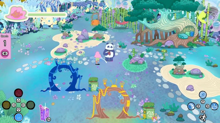 Portal area of Grimoire Groves with a cute panda guy.