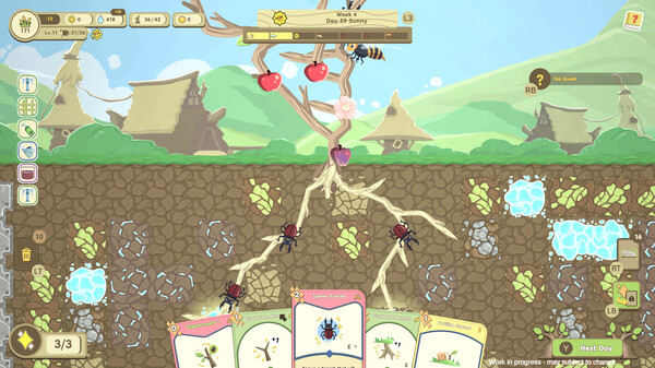 Screenshot from the game Grow the Seed. The image shows a whimsical gardening interface with a cross-section of soil revealing a plant's roots spreading underground. Above ground, the plant bears bright red fruits and is visited by bees. Several red beetles crawl along the roots. Various resources like stones, water pools, and nutrients are scattered underground. At the bottom, a row of cards with illustrations of insects, plants, and tools is visible, indicating player actions. The background displays green hills, small huts, and a clear blue sky. Interface icons and meters are placed around the screen. Published on: LadiesGamers.