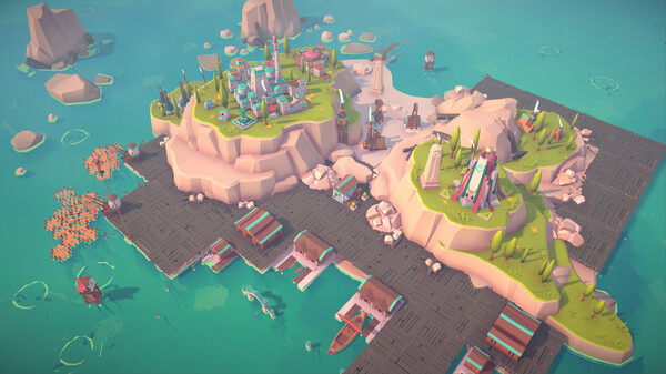 A vibrant, stylized island scene from the game ISLANDERS: New Shores. The island is divided into two elevated sections connected by wooden docks and piers that extend into turquoise waters. The left side is filled with colorful, low-poly buildings and lush green trees, while the right side features windmills, pointed towers, and natural cliffs. Small boats and scattered docks line the water, with soft, pastel lighting creating a calm, whimsical atmosphere. Published on: LadiesGamers.