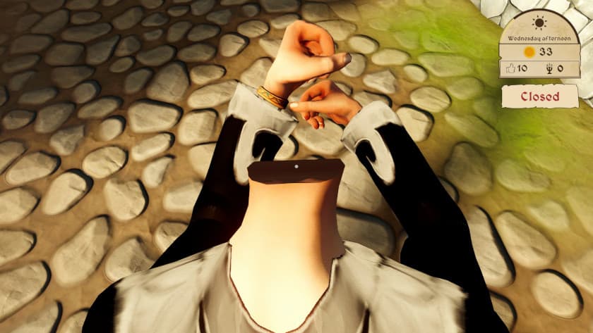 The main character's body is emoting, and the movement has separated the model's head from its body in a creepy way in Potion Shop Simulator.