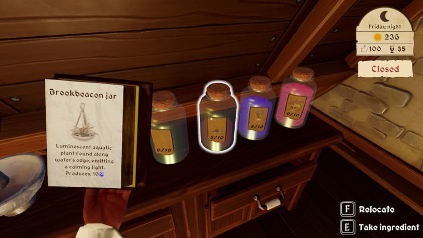 Some ground materials for potions in glass jars in Potion Shop Simulator.