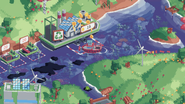 A pixel art scene from Spilled! shows a polluted river with dark oil slicks floating on the water. A red cleanup boat is navigating through the contamination, working to remove the pollution. A large recycling barge, equipped with solar panels and smokestacks, floats nearby, displaying a score of "16" on its side. Surrounding the river, lush green hills with wind turbines, flowers, and small wooden docks create a contrast to the polluted water. Published on: LadiesGamers.