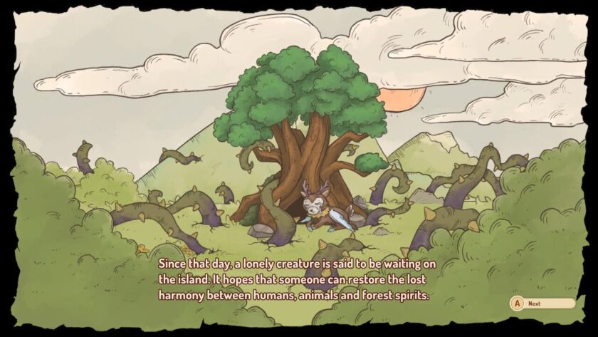 Drawing of the Harmony Tree and creature. On screen text says “Since that day, a lonely creature is said to be waiting on the island. It hopes that someone can restore the lost harmony between humans, animals and forest spirits.” Published on LadiesGamers