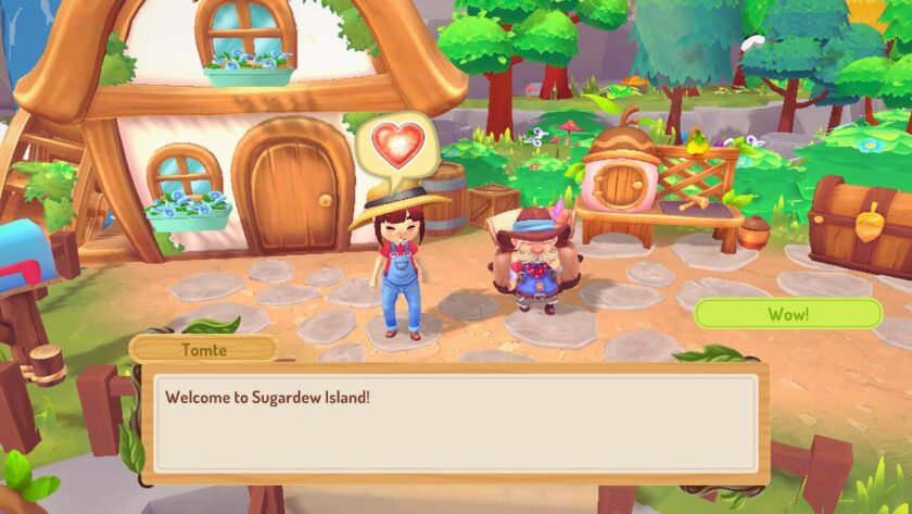 My character standing outside the house, next to the brownie trader, Tomte. He is saying “Welcome to Sugardew Island”. Published on LadiesGamers