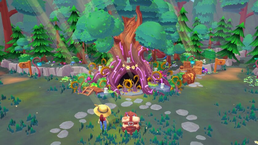 My character standing with Tomte in front of a large tree which is covered in thorns and purple light. Published on LadiesGamers