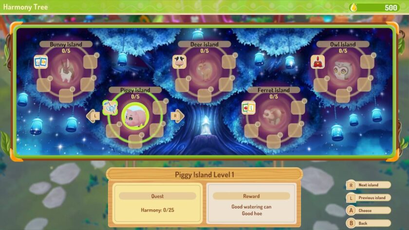The Harmony Tree quest board, with each of the five animal islands shown as a circle, with their individual tasks. Published on LadiesGamers