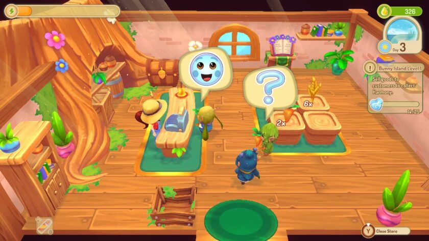 The farm shop, with counters filled with items and the forest folk wandering round buying crops. One has a smiley face above their head, another a question mark. Published on LadiesGamers