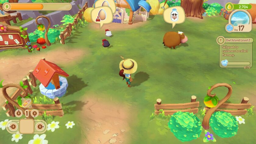 My character standing in the meadow with two chickens and a cow. The animals have thought bubbles containing milk or eggs. Published on LadiesGamers