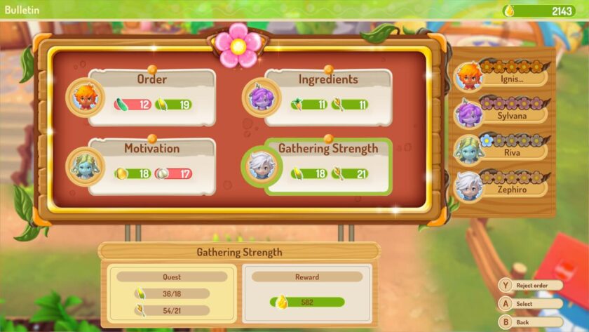 Bulletin board with four quests, each against one of the locals. Orders which can be met are coloured in green. Published on LadiesGamers