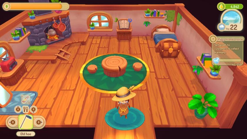 Inside the Sugardew Island home, with a bed, table and stools, fire place, radio and mirror. Published on LadiesGamers
