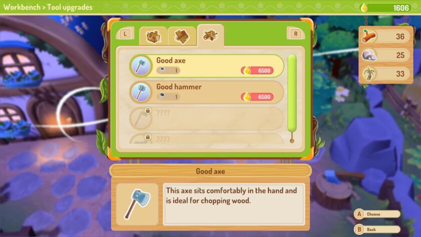 Workbench tool upgrade menu, with the good axe and hammer available, but the hoe and watering can still locked. Published on LadiesGamers