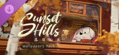 An illustration from Sunset Hills shows a train scene bathed in warm autumn hues. A dog-like character wearing a black hat and an orange scarf gazes out the window, seemingly lost in thought. The train car's wooden interior is decorated with intricate carvings and soft lighting, evoking a cozy, nostalgic atmosphere. Golden autumn leaves frame the image, enhancing the sense of travel and change. The title "Sunset Hills" is elegantly displayed in flowing script, accompanied by Chinese characters and the words "Wallpapers Pack." Published on: LadiesGamers.