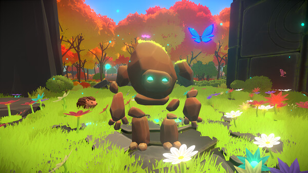 A small stone golem with glowing blue eyes sits in a vibrant meadow filled with colorful flowers. Behind it, an autumnal forest with orange and red trees stretches into the distance, while a bright blue butterfly flutters in the air. A tiny hedgehog wanders nearby, adding to the serene and magical atmosphere. Published on: LadiesGamers.