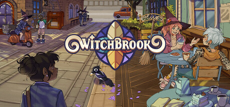 A colorful, whimsical street scene from the video game Witchbrook. The setting is a charming coastal town with cobbled streets, glowing shopfronts, and a warm, inviting atmosphere. On the right, two characters sit at an outdoor café—one is a young witch with a pointed hat and pink hair, chatting with an older person over tea and pastries. On the left, a stylish young woman observes a magical black bird on the pavement, its feathers glinting. In the background, townsfolk move about—riding scooters, reading by the window, or strolling past blooming flowers and ivy-covered buildings. Published on: LadiesGamers.