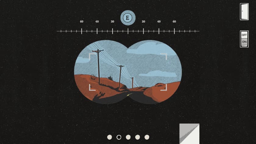 A view through binoculars, showing a road with powerlines in YOUR HOUSE.