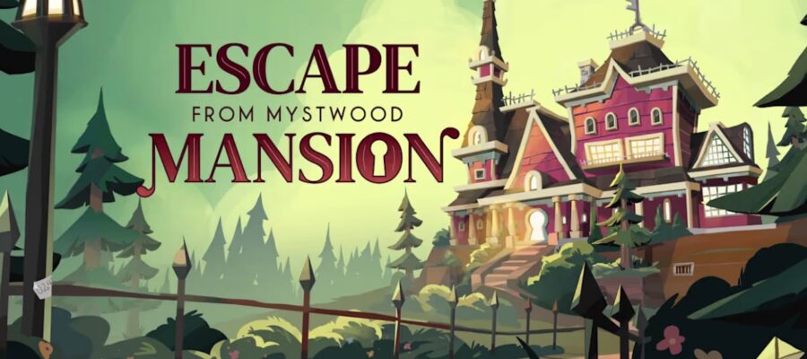 Promotional image for Escape From Mystwood Mansion showing a large mansion with a long drive. The sky is greenish with a few trees surrounding the house. Published on LadiesGamers.