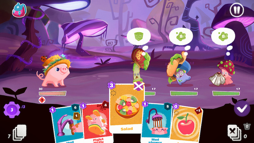 Nif Nif in combat, wearing a straw hat against a variety of mushrooms
