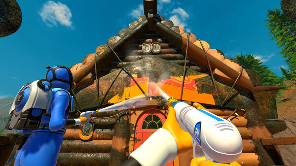 A first-person perspective of two players power-washing a wooden log cabin in PowerWash Simulator 2. One player, dressed in a blue suit with a backpack, is spraying water onto the cabin's triangular front, while the other, wearing yellow gloves, directs a high-pressure stream at the orange paint covering the wood. The bright blue sky and lush green trees in the background contrast with the rustic setting. Published on: LadiesGamers.