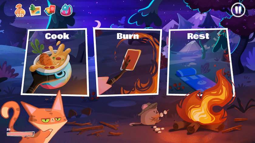 The Cat faced with options like cooking, sleeping, and burning off spare cards, at a campsite.