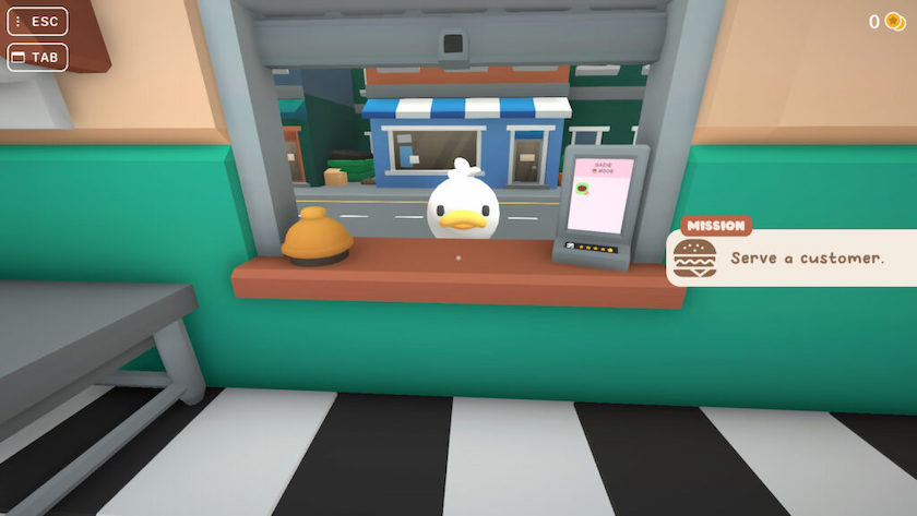 A white duck requests a hamburger in Burgie's Cozy Kitchen