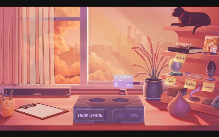 a pink- orange desktop with a window and sky view with an alarm clock and knick knacks