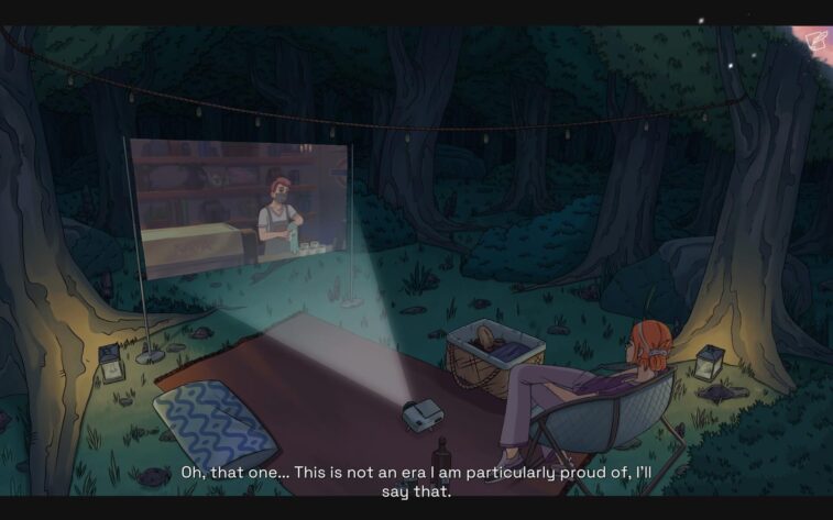 a dark forest scene with a red headed woman sitting on a chair in front of a projector screen and a picknick blanket