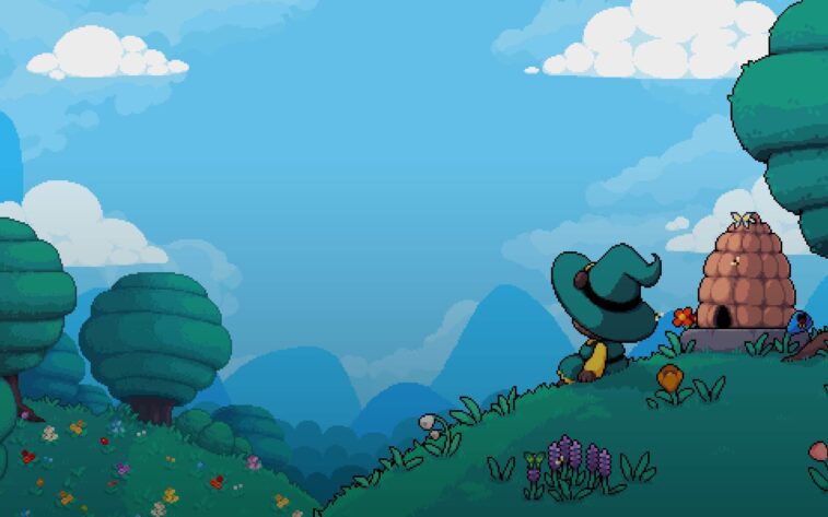blue sky, green field, a bear witch next to a beehive