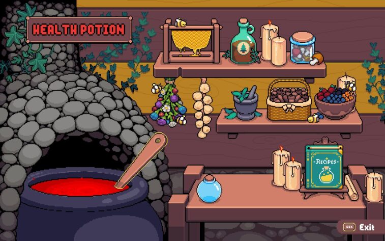 a fireplace with a cauldron, filled with a red healing potion and ingredients on the side 