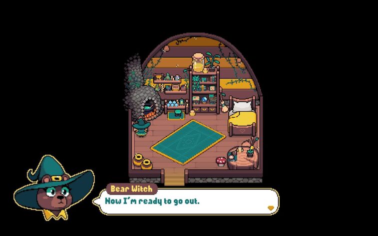 a small pixeled room with a fireplace, bed, green carpet and the bear witch ready to go out