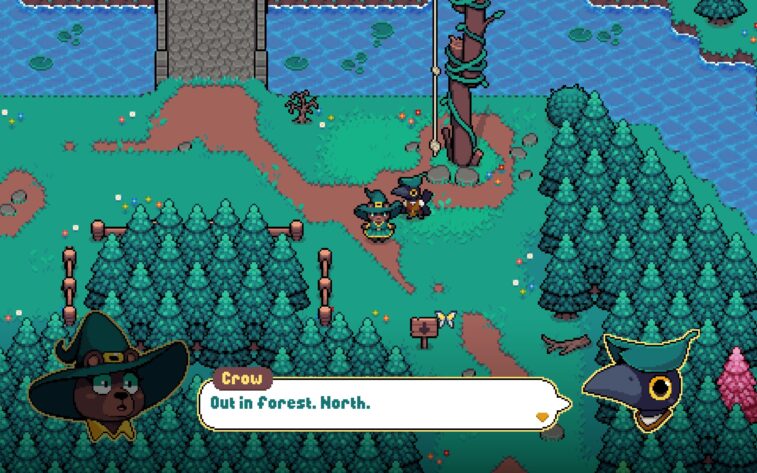 a green background with a dialogue box on the bottom of the screen and the bear witch talking to one of her neighbors, a crow about its house