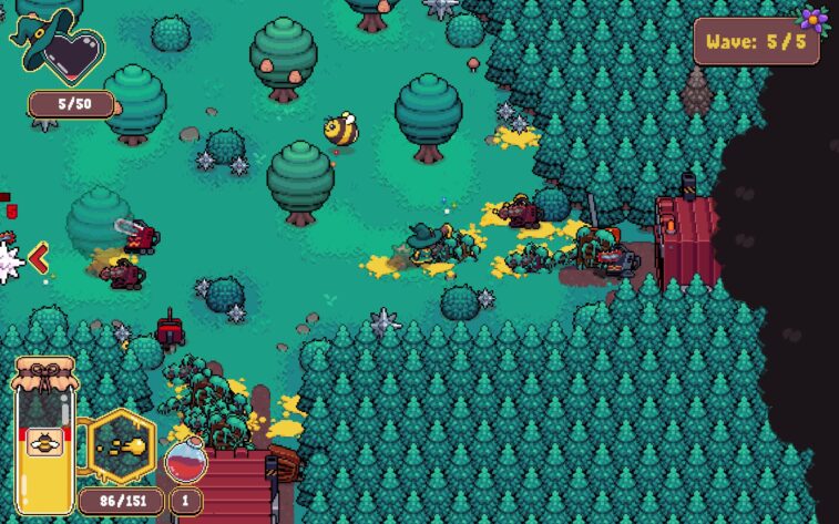 a green background with trees and the bear witch fighting some robots 