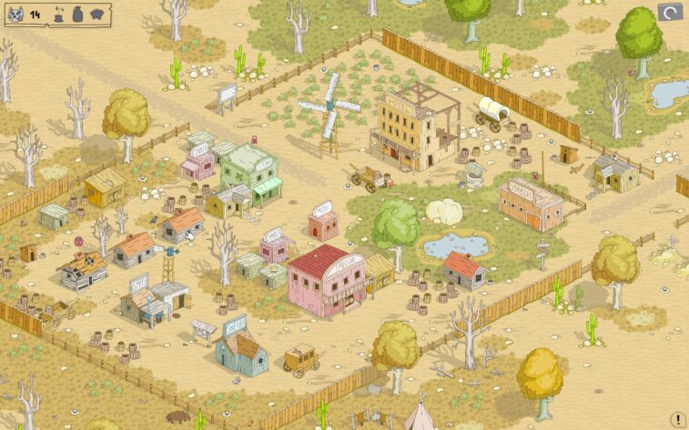 a populated wild west settlement with houses and cats