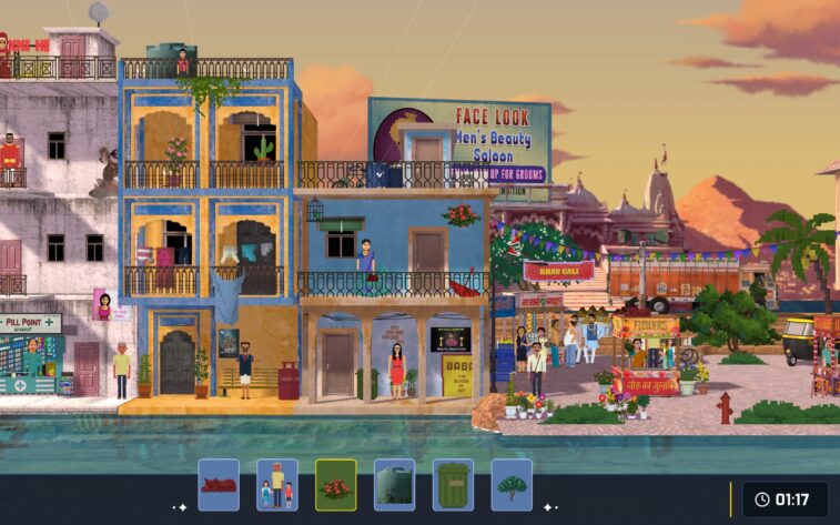 a busy colorful street with a lot of people going around