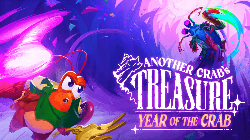 A dynamic, colorful artwork of a cartoon hermit crab wielding a fork as a weapon, with glowing energy trails and a large enemy crab approaching from the background. The title “Another Crab’s Treasure: Year of the Crab” is boldly displayed with whimsical typography, surrounded by a vibrant underwater fantasy setting. Published on: LadiesGamers.