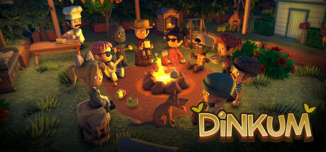 A group of stylized, cartoonish characters sit around a warm campfire at night in a cozy outdoor setting, sharing music, food, and drinks. The characters wear varied outfits including sunglasses, hats, and aprons, adding personality to each. One character plays a guitar while another roasts marshmallows. A dog sits near the fire, and trees, lanterns, and a small shed complete the charming, community-focused atmosphere. The scene is cheerful and inviting, reflecting the relaxed, social gameplay of Dinkum. Published on: LadiesGamers.