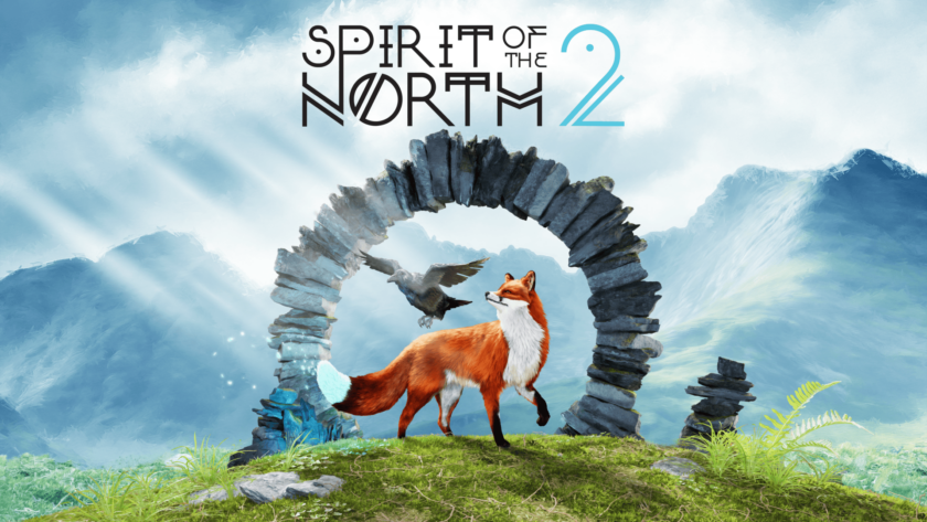A majestic red fox with a glowing blue tail stands proudly beneath a crumbling stone archway on a grassy hilltop. A black bird, possibly a raven, is mid-flight beside the fox, with misty blue mountains and beams of sunlight in the background. The title “Spirit of the North 2” appears in stylized text above the scene. Published on: LadiesGamers.