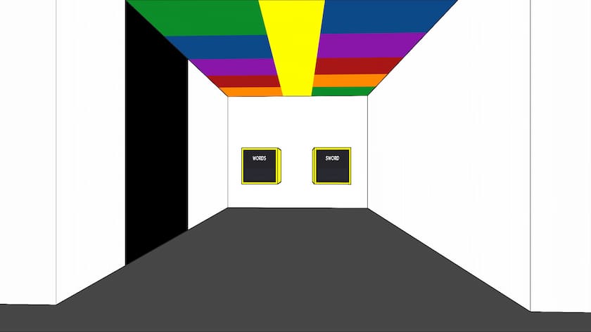 A long hallway has two boxes at the end that have WORDS and SWORD written on them. The ceiling has a rainbow on it.